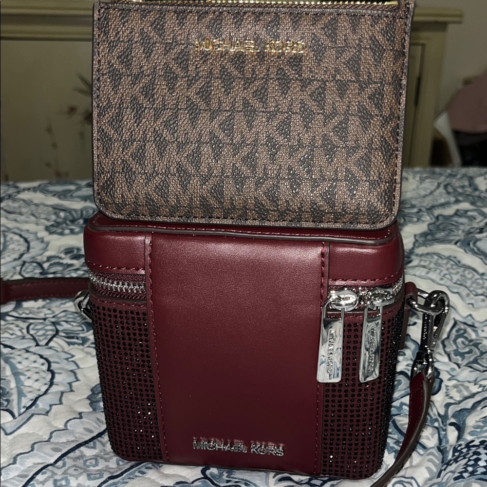 Michael Kors Sandrine Small Handle Box Crossbody Bag Oxblood Wallet card include